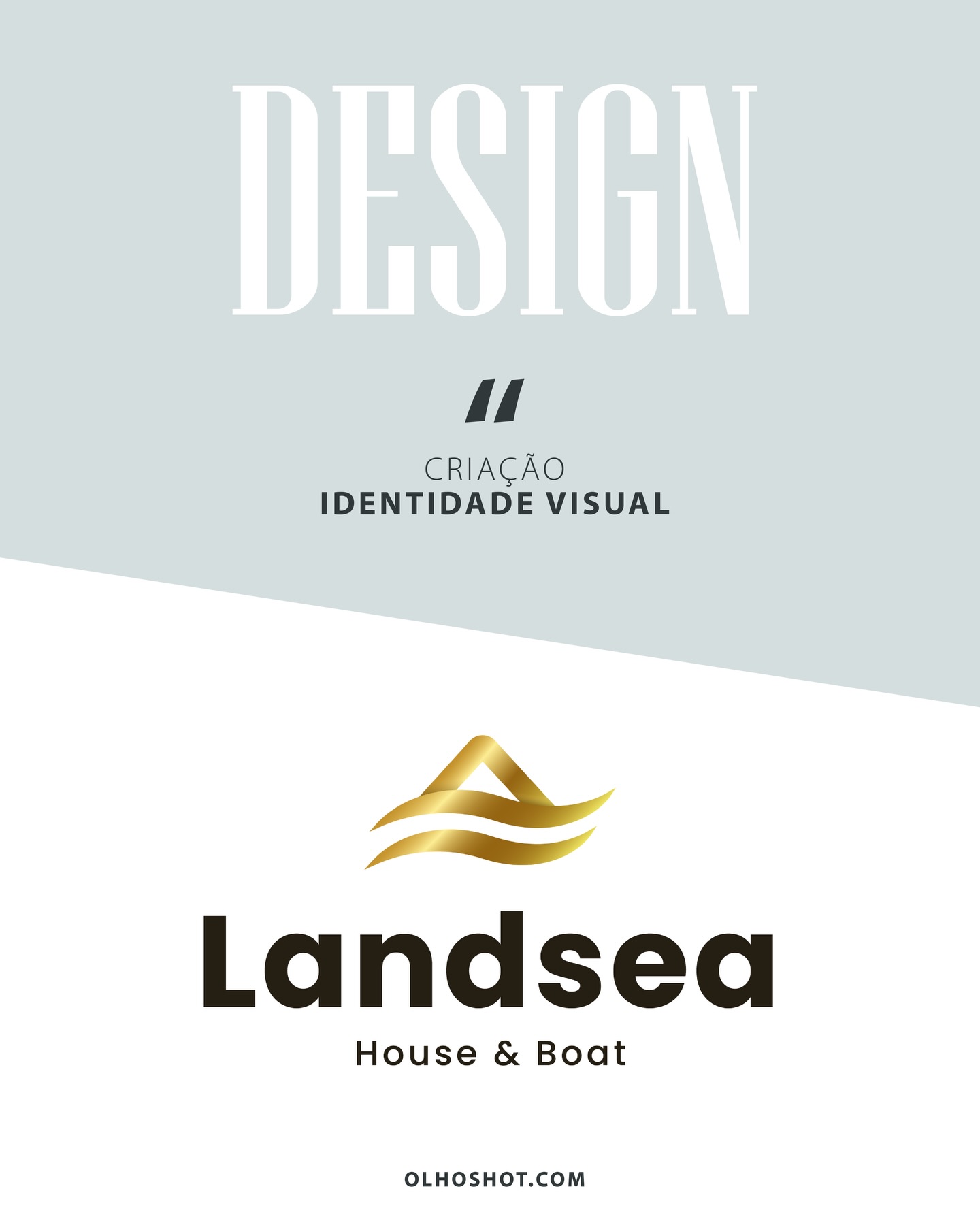 Identidade visual Landsea House & Boat criada pela Olhoshot, com símbolo dourado e apresentação do projeto de design.